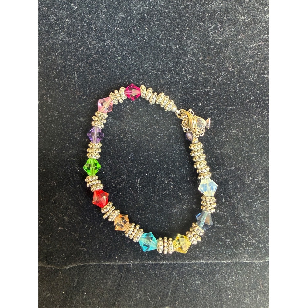 P4H Rainbow Crystal Beaded Bracelet Silver Tone Boho Signed Handmade Gay Pride‎